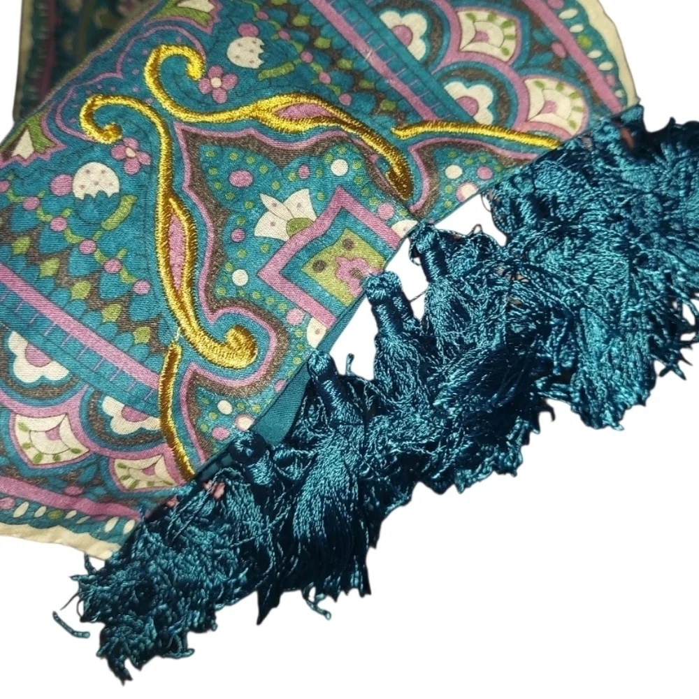 Vintage Juicy Boho Pattern Teal Gold Embroidered Scarf Wrap